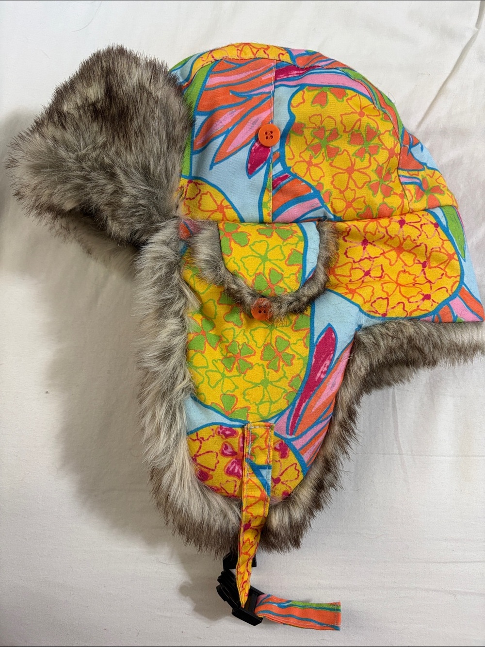 Kids Floral Pineapple Print Trapper Hat with Faux Fur - Yellow & Blue